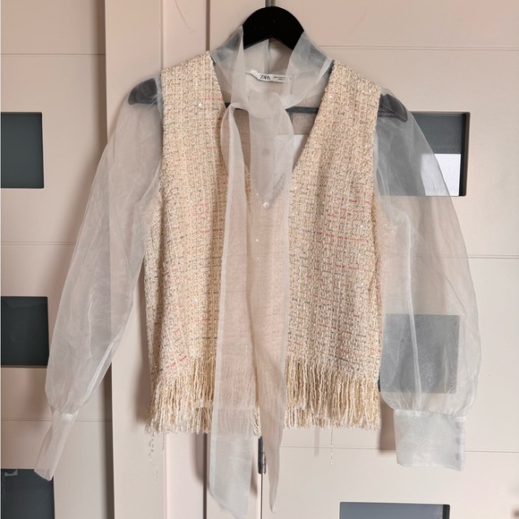 BNWT Zara Sequins Tweed Fringes Vest Sheer Organza Neck tie women’s blouse top M - Picture 2 of 10